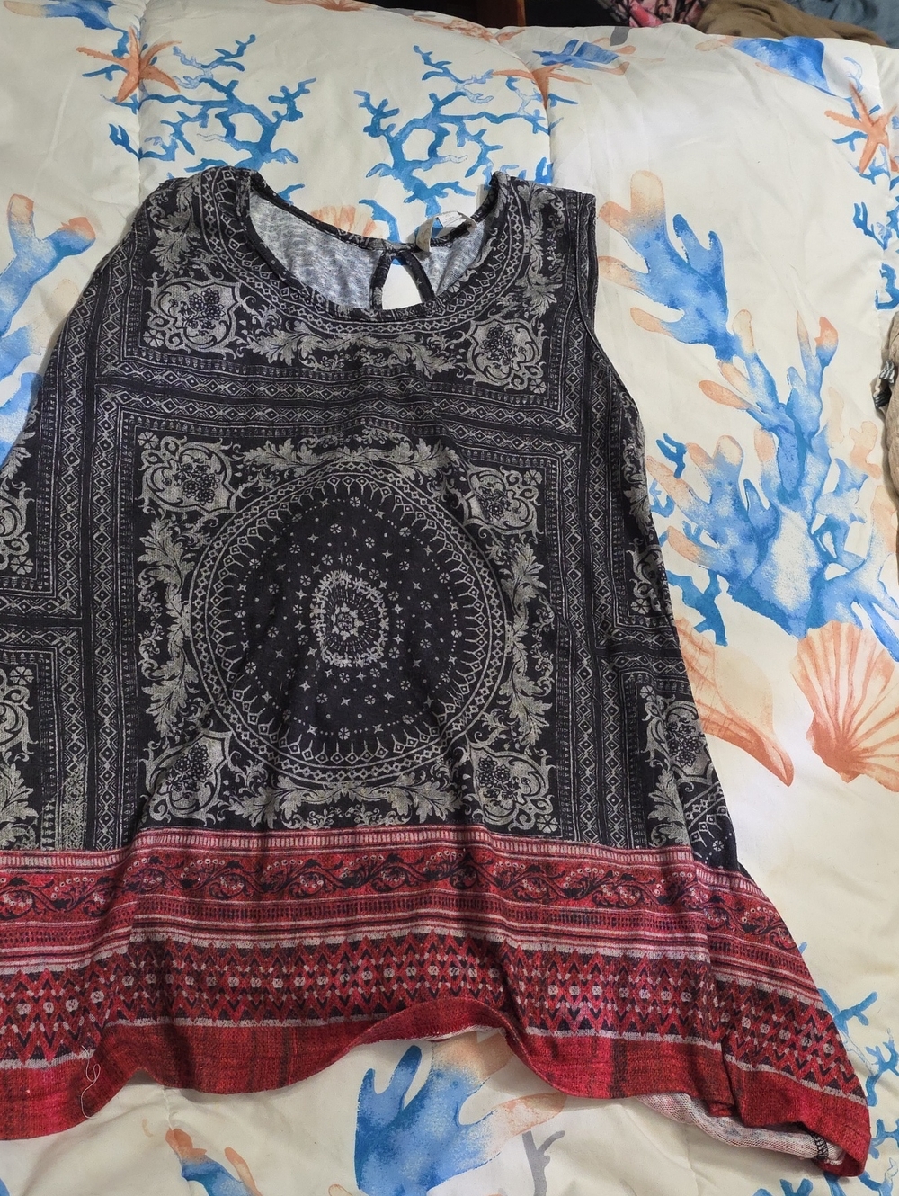 Suzanne Betro Black Tank with Red Hem Medallion Print